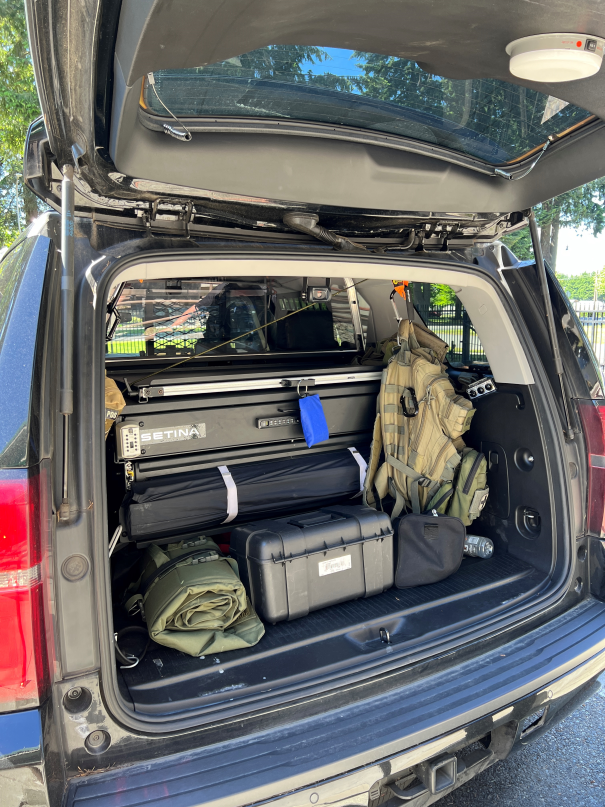 Police cruiser trunk with equipment